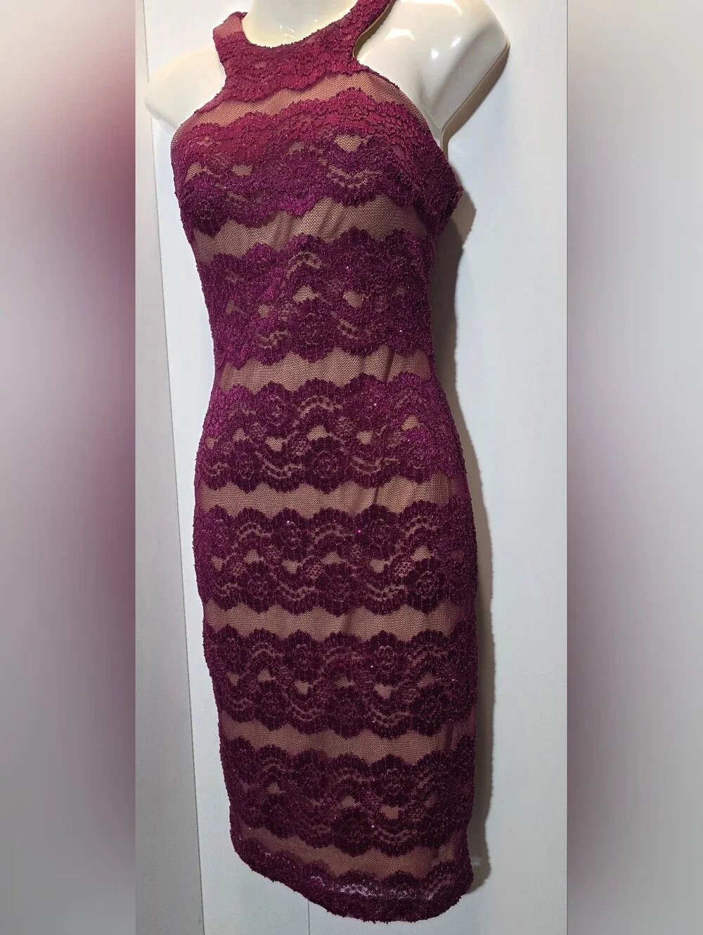 Sheer Lace Halter Chemise - Deep Berry